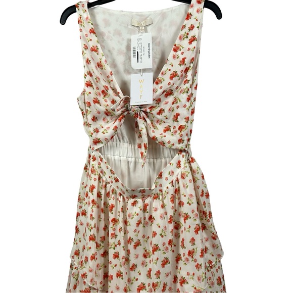 Wayf Jaci Tie Front Cutout Floral Midi Dress Tiered Skirt White Pink M NWT - Picture 4 of 7